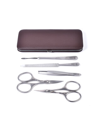 Niegeloh 5-delig etui (hardcase) met 2 scharen - bruin nappaleer