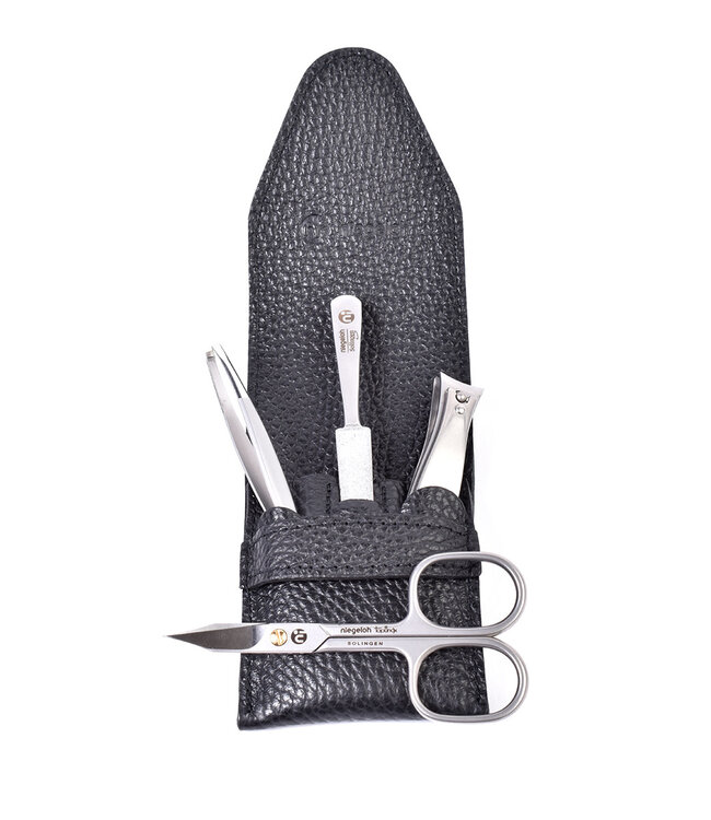Niegeloh 4-delig etui (soepel) met schaar en nagelknipper - zwart volrundleer