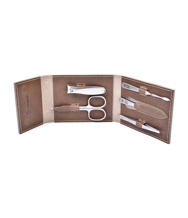 Niegeloh 5-delig etui (stevig) met schaar en nagelknipper - bruin zadelleer