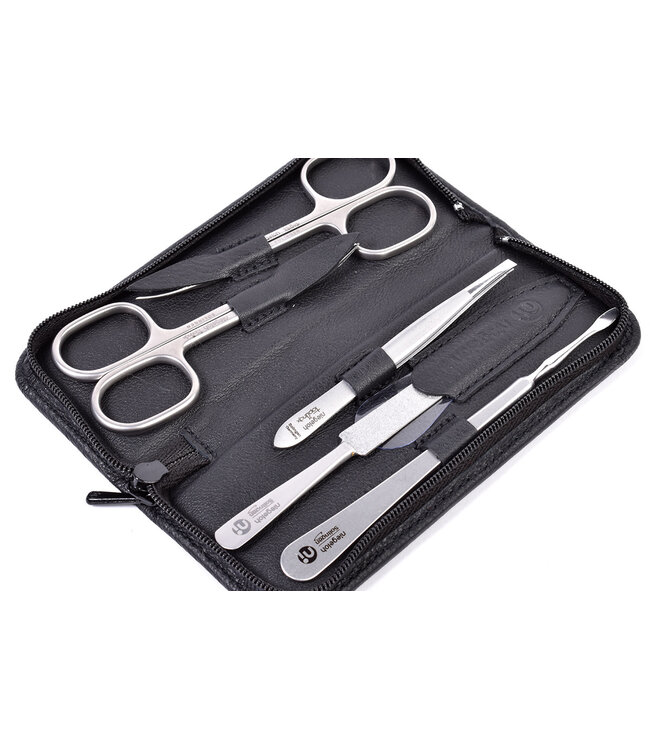 Niegeloh 5-delig etui met 2 scharen - zwart rundsleder (soepel)