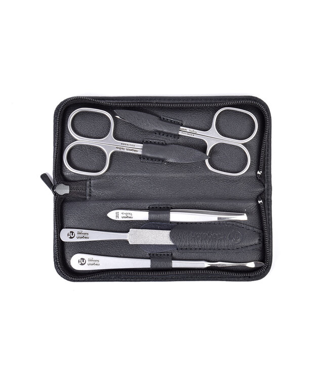 Niegeloh 5-delig etui met 2 scharen - zwart rundsleder (soepel)