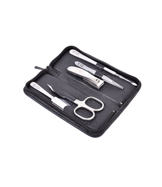 Niegeloh 5-delig etui met nagelknipper en schaar - zwart rundsleder (soepel)