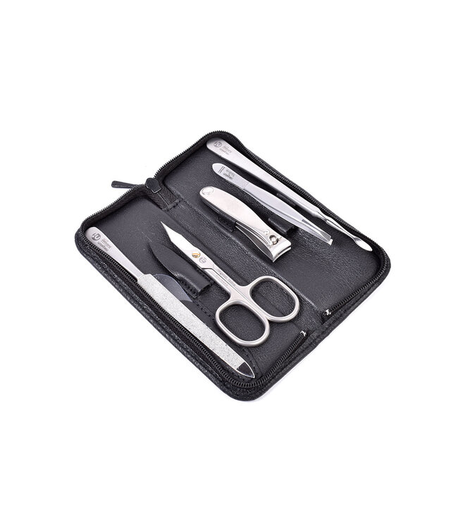 Niegeloh 5-delig etui met nagelknipper en schaar - zwart rundsleder (soepel)