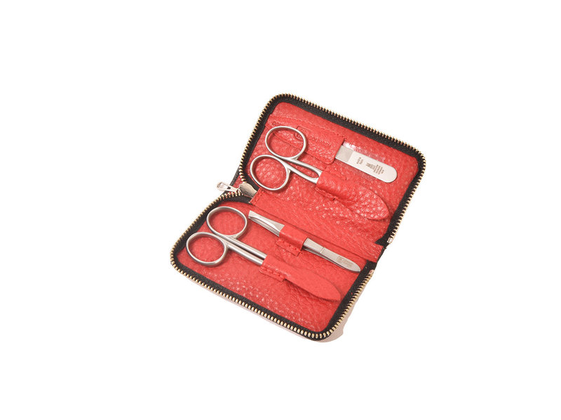 Dreiturm 4-delig etui met 2 scharen - rood leder (soepel)