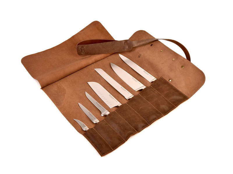 Crafted messentas - leder bruin - voor 7 messen - met draagriem
