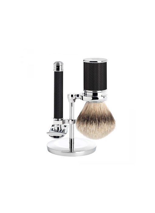 Muhle Traditional scheerset in zwart metaal - safety razor - silvertip dassenhaar