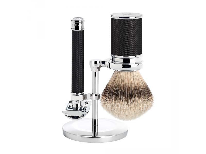 Muhle Traditional scheerset in zwart metaal - safety razor - silvertip dassenhaar