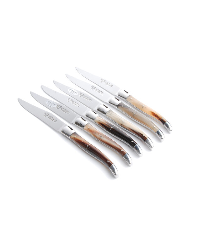 Laguiole en Aubrac 6 steakmessen punthoorn - gevlamd