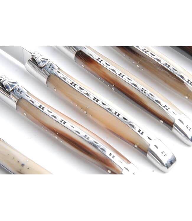 Laguiole en Aubrac 6 steakmessen punthoorn - gevlamd