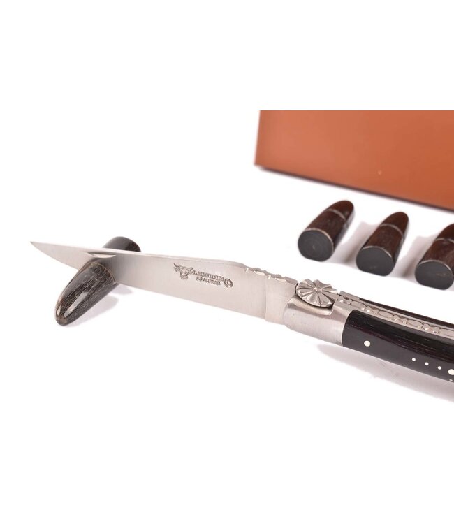 Laguiole en Aubrac steuntjes in zwarte hoorn voor steakmessen