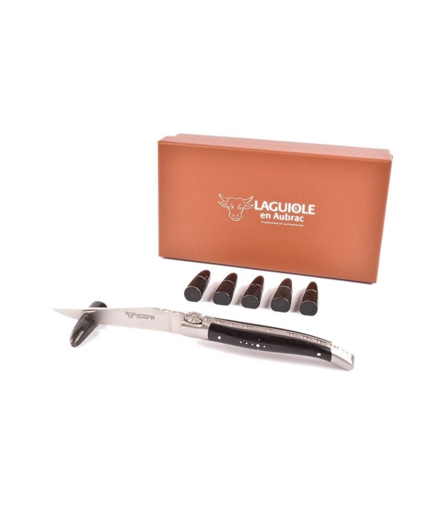 Laguiole en Aubrac steuntjes in zwarte hoorn voor steakmessen
