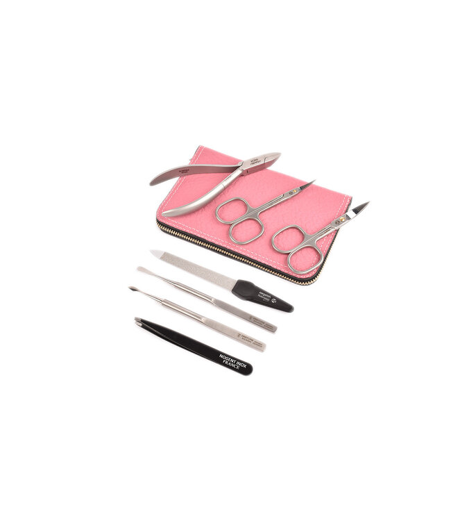 7-delig etui met nageltang en 2 scharen - roos kalfsleder (soepel)