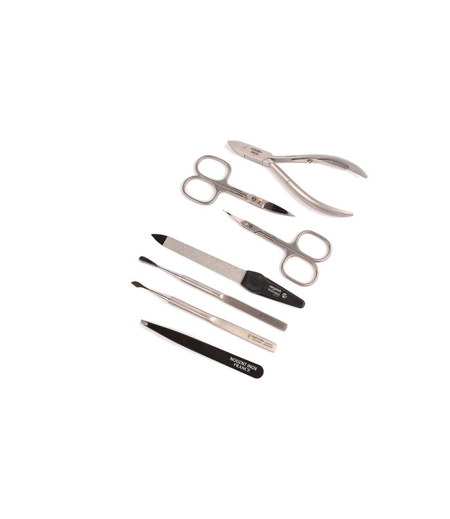 7-delig etui met nageltang en 2 scharen - roos kalfsleder (soepel)