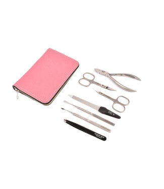 7-delig etui met nageltang en 2 scharen - roos kalfsleder (soepel)