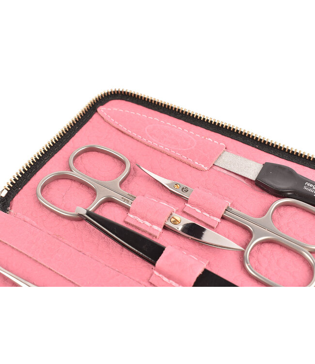 7-delig etui met nageltang en 2 scharen - roos kalfsleder (soepel)
