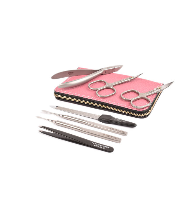 7-delig etui met nageltang en 2 scharen - roos kalfsleder (soepel)