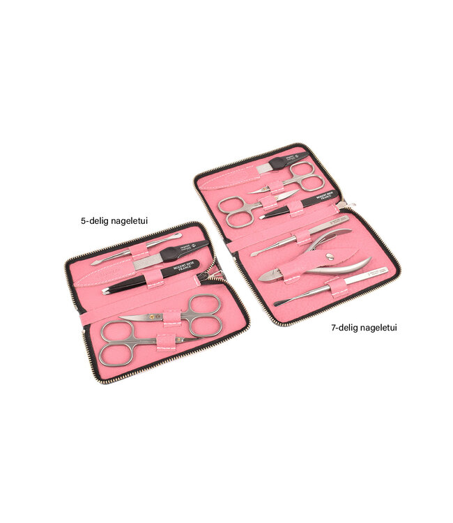 7-delig etui (soepel) met nageltang en 2 scharen - roos kalfsleer