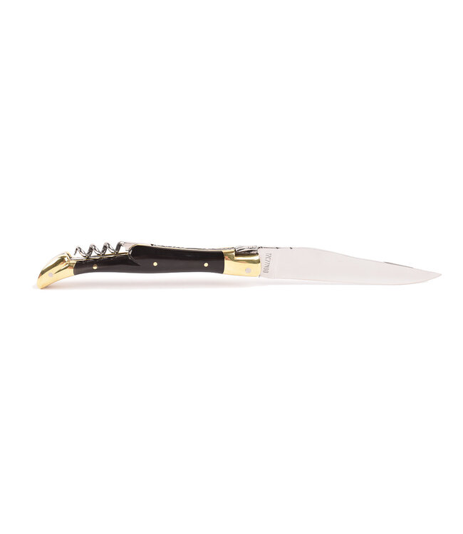 Laguiole en Aubrac 12cm geperste hoorn met kurkentrekker - messing eindstukken - glanzend