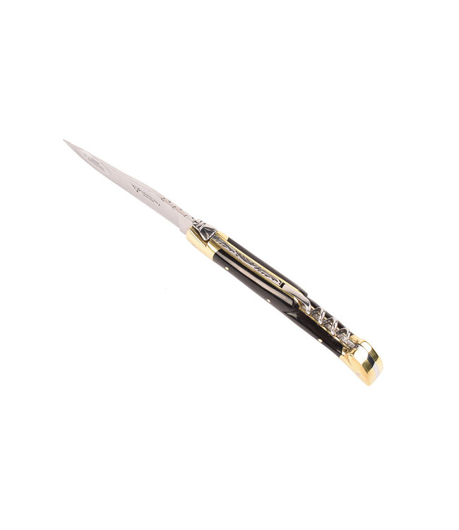 Laguiole en Aubrac 12cm geperste hoorn met kurkentrekker - messing eindstukken - glanzend
