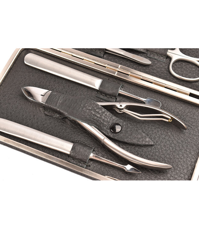 Dreiturm 7-delig etui (hardcase) met nageltang en 2 scharen - zwart kalfsleer