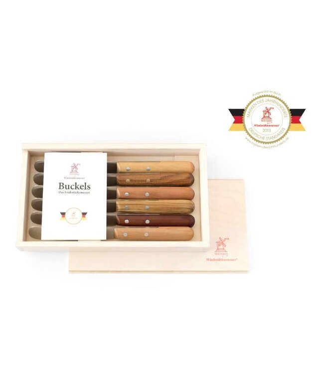 Herder 6 tafelmessen buckels met heft in kers, pruim, olijf, walnoot, peer en robinia hout