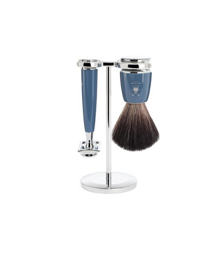 Muhle Rytmo scheerset in blauw edelhars - safety razor - kwast black fibre