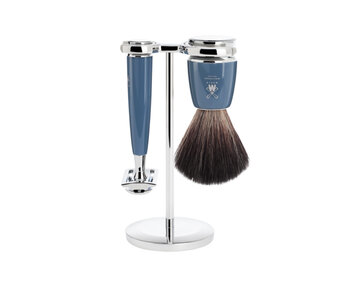 Muhle Rytmo scheerset in blauw kunsthars - safety razor - kwast black fibre