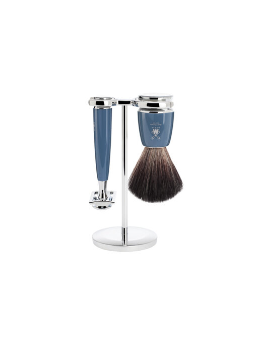 Muhle Rytmo scheerset in blauw kunsthars - safety razor - kwast black fibre