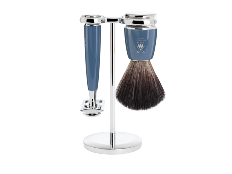 Muhle Rytmo scheerset in blauw kunsthars - safety razor - kwast black fibre