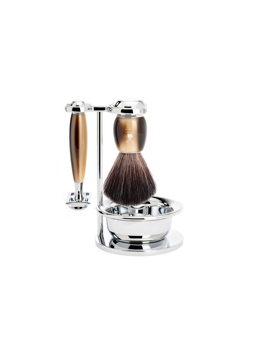 Muhle Vivo scheerset in harshoorn - zeepbakje - safety razor - kwast black fibre