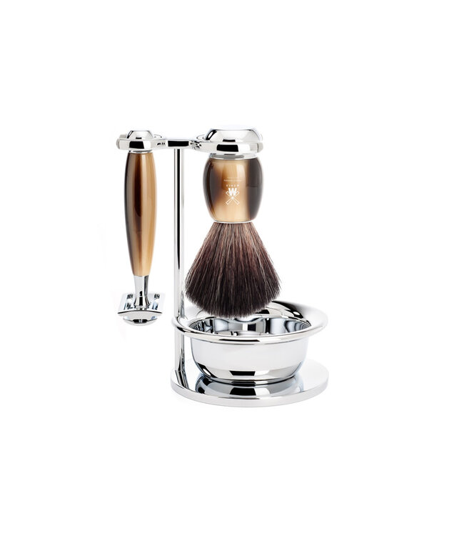 Muhle Vivo scheerset in harshoorn - zeepbakje - safety razor - kwast black fibre