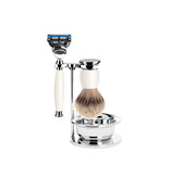 Muhle Sophist scheerset in wit porselein - zeepbakje - Gillette® Fusion5™ - silvertip dassenhaar