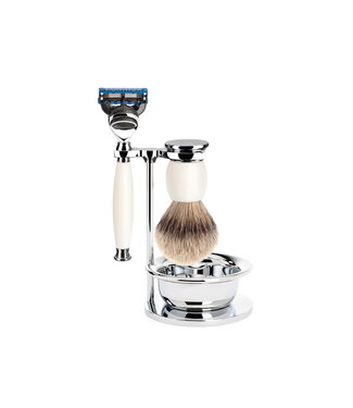 Muhle Sophist scheerset in wit porselein - zeepbakje - Gillette® Fusion5™ - silvertip dassenhaar