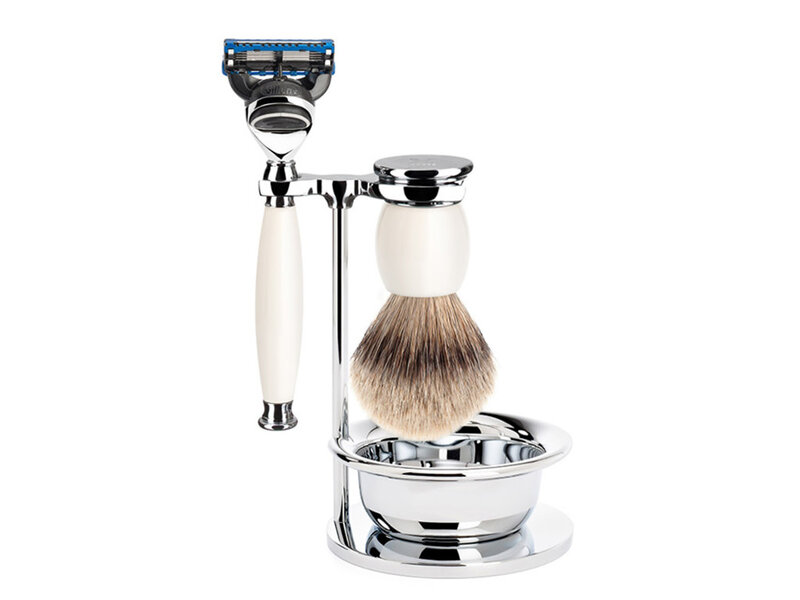 Muhle Sophist scheerset in wit porselein - zeepbakje - Gillette® Fusion5™ - silvertip dassenhaar