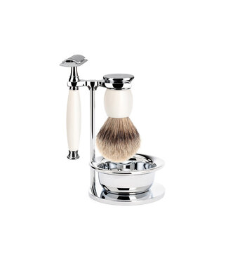 Muhle Sophist scheerset in wit porselein - zeepbakje - safety razor - kwast silvertip dassenhaar