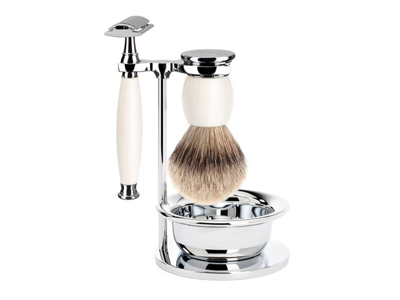 Muhle Sophist scheerset in wit porselein - zeepbakje - safety razor - silvertip dassenhaar