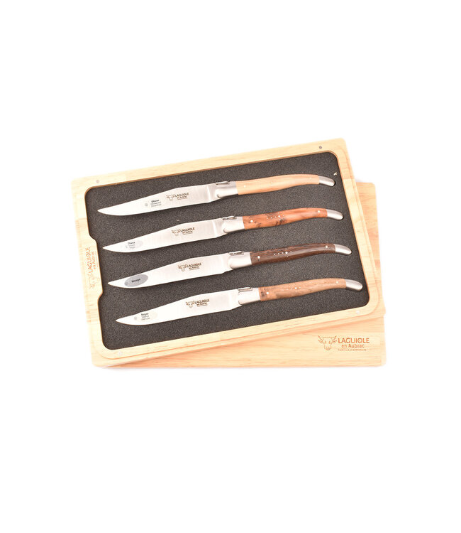 Laguiole en Aubrac 4 steakmessen houtvariaties (olijfhout, wenge, thuya en notelaar) - mat