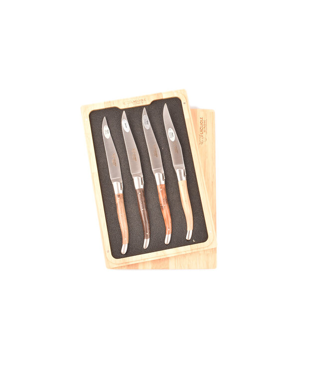 Laguiole en Aubrac 4 steakmessen houtvariaties (olijfhout, wenge, thuya en notelaar) - mat