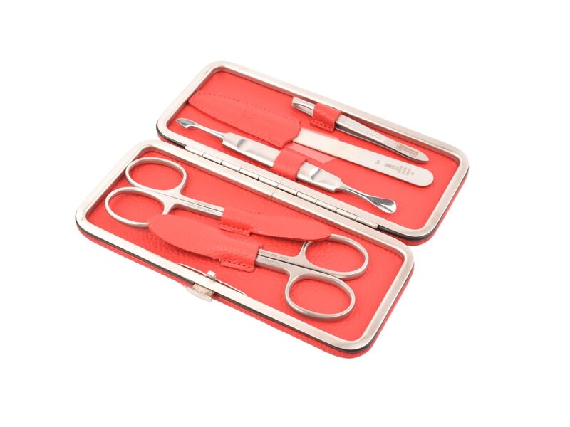 Dreiturm 5-delig etui met 2 scharen - rood kalfsleder (hardcase)