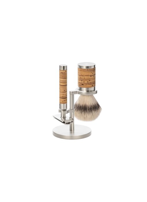 Muhle Rocca scheerset in berkenschors - safety razor - kwast silvertip fibre