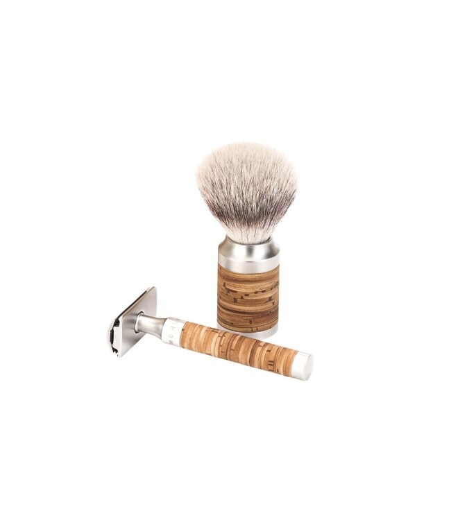 Muhle Rocca scheerset in berkenschors - safety razor - kwast silvertip fibre