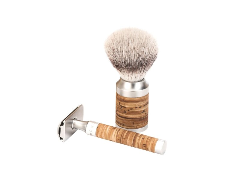 Muhle Rocca scheerset in berkenschors - safety razor - kwast silvertip fibre