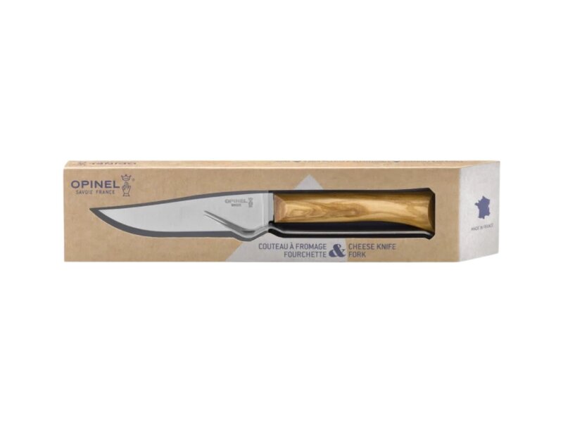 Opinel kaasset met kaasmes in olijfhout en kaasvork in rvs