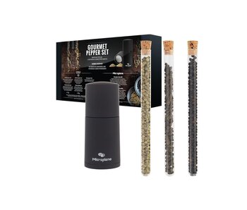 Microplane set nootmuskaatmolen zwart met 3 soorten peper