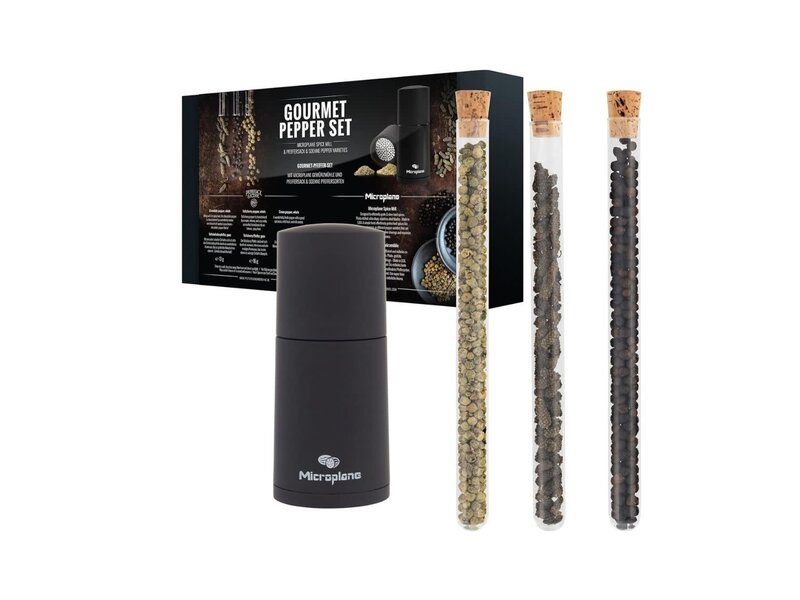 Microplane set nootmuskaatmolen zwart met 3 soorten peper