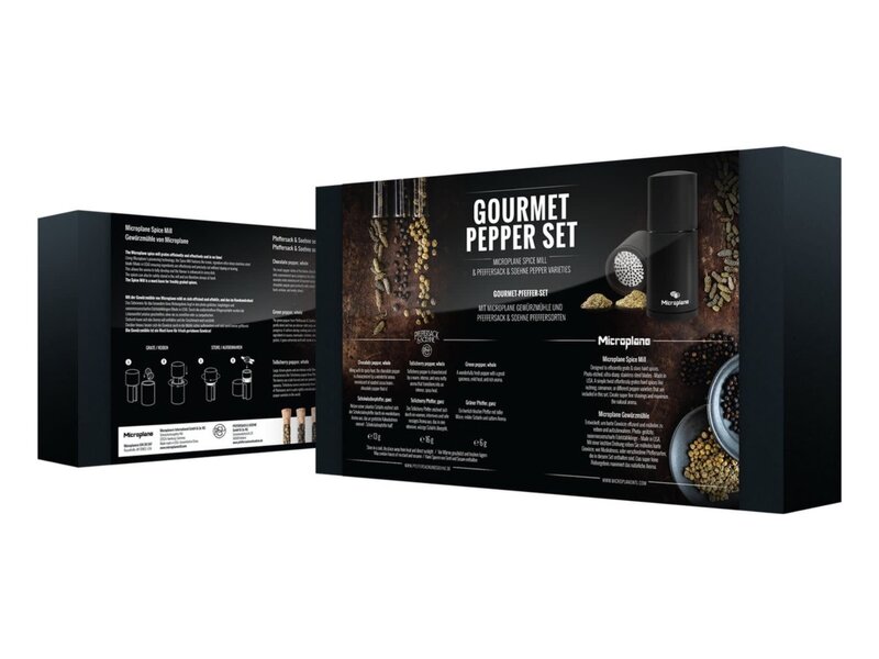 Microplane set nootmuskaatmolen zwart met 3 soorten peper