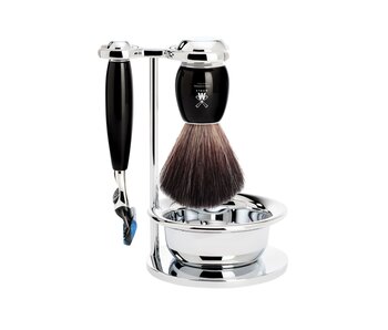 Muhle Vivo scheerset in zwart edelhars - zeepbakje - Gillette® Fusion5™ - kwast black fibre