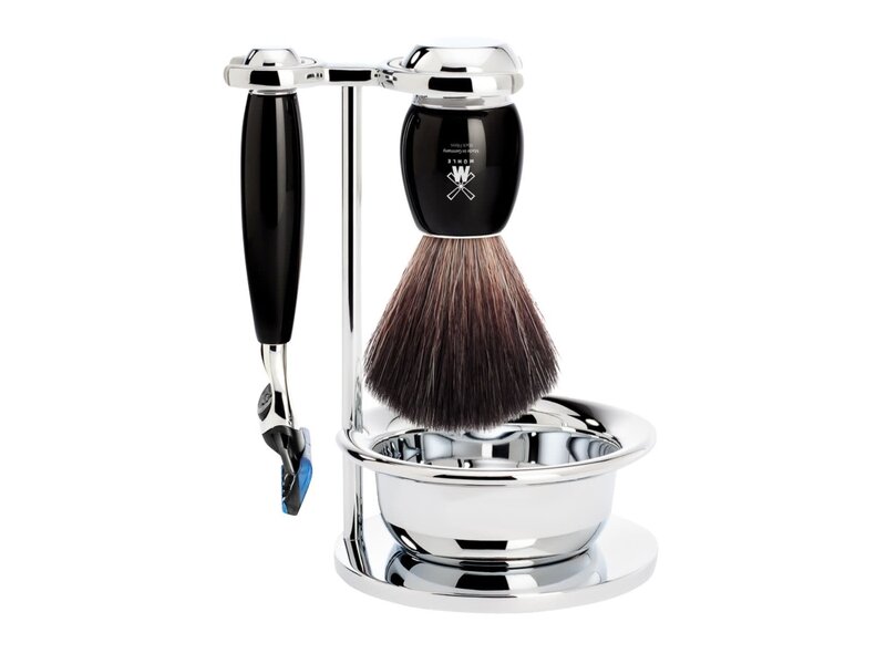 Muhle Leven scheerset in zwart edelhars - zeepbakje - Gillette® Fusion5™ - kwast black fibre