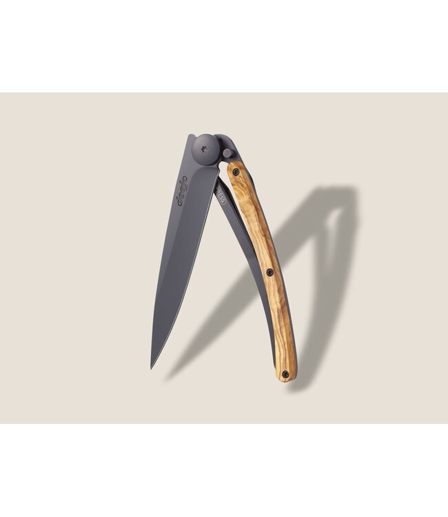 Deejo zakmes 27g - olijfhout - matzwart titanium