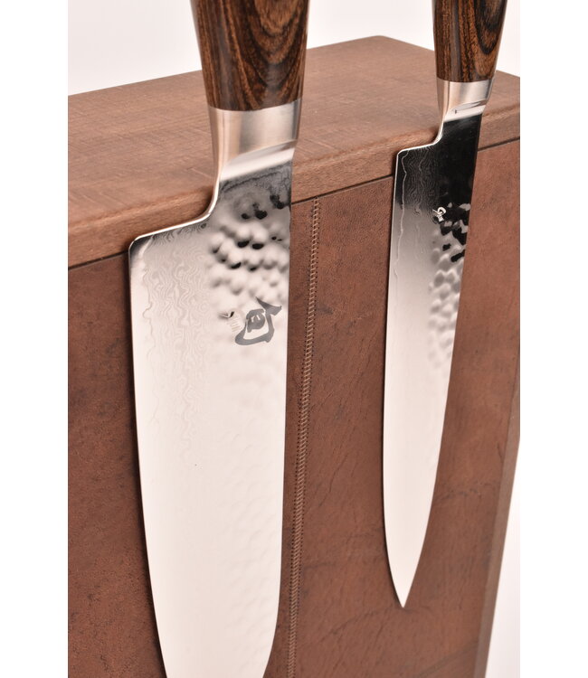 Wunschleder magneetblok in cortenstaal en plantaardig gelooid leer voor 6 messen